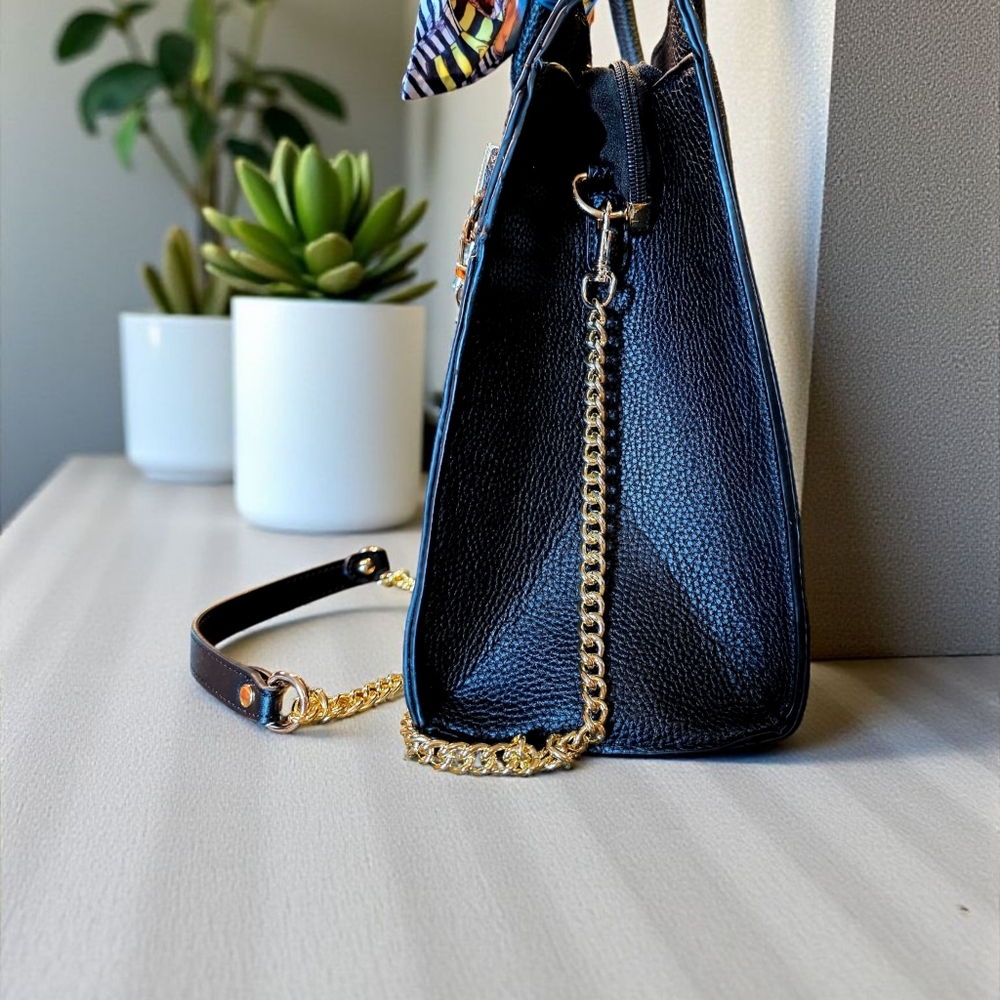 BLACK FRIDAY SALE!! Black Pebbled Faux Leather Satchel with Carry Strap - Picture 6 of 8